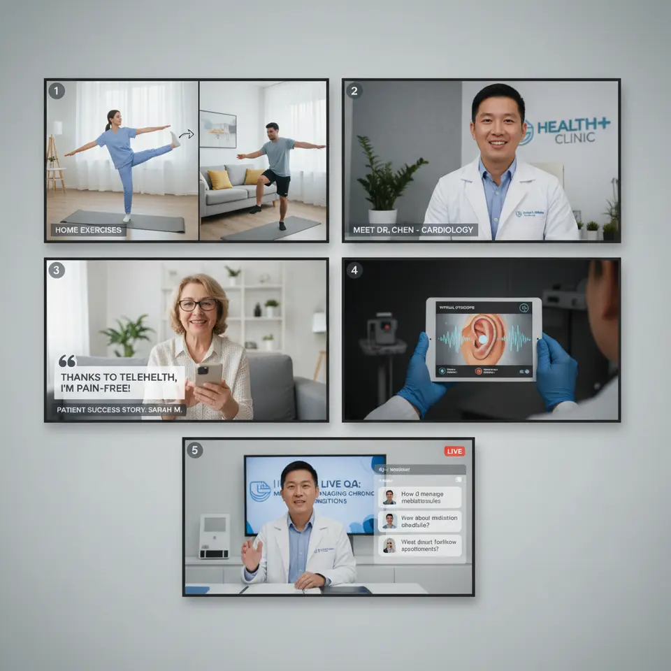 A vibrant collage showcasing five telehealth video formats: (1) an educational tutorial with a clinician guiding a patient through at-home exercises, (2) a provider introduction featuring a friendly doctor speaking directly to camera in a branded setting, (3) an authentic patient testimonial scene with a patient sharing their success story on screen, (4) a procedure demonstration of a virtual diagnostic exam with medical equipment graphics, and (5) a live webinar interface displaying a host doctor and real-time viewer chat questions