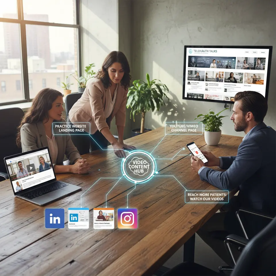 An omnichannel distribution infographic: a central video content hub icon branching out to (1) a practice website landing page with embedded video, (2) social media platform logos (Facebook, LinkedIn, Instagram) each showing a video post, (3) an email newsletter mockup with a clickable video thumbnail, (4) a YouTube/Vimeo channel page, and (5) a paid advertising banner, illustrating the flow of telehealth marketing videos across channels