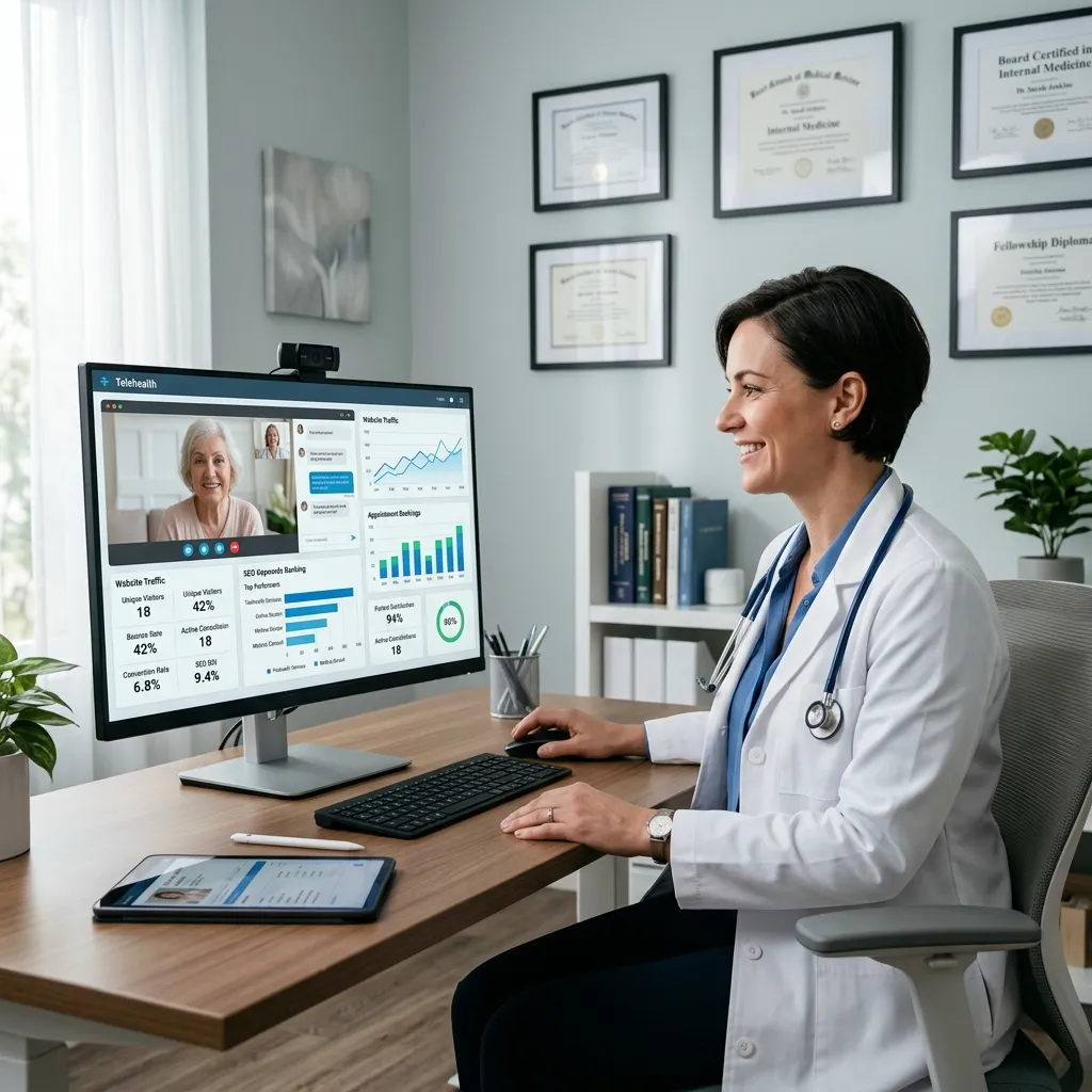 Doctor using telehealth software with SEO analyticsdashboard overlay