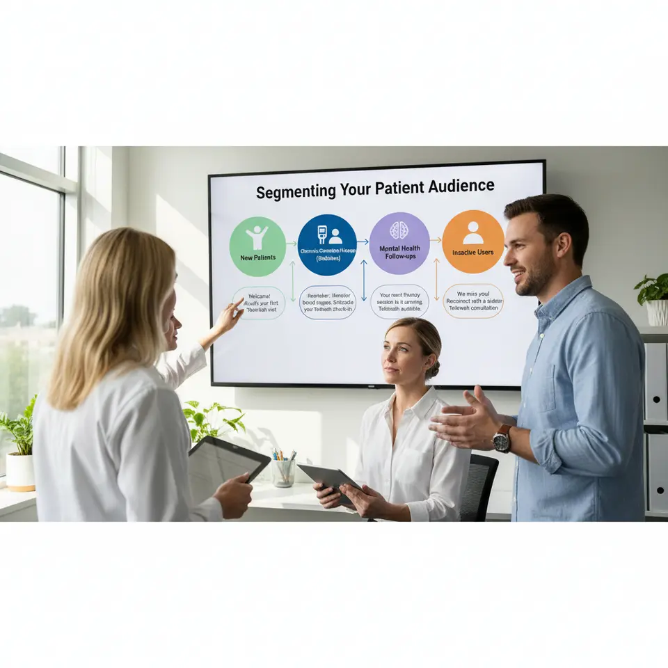 Segmenting Your Patient Audience: An infographic showing four distinct patient groups—new patients, chronic condition managers (e.g., diabetes icon), mental health follow-ups, and inactive users—each represented by color-coded silhouettes or icons. From each group, arrows lead to tailored message bubbles illustrating customized SMS content, conveying how segmentation drives targeted telehealth outreach.