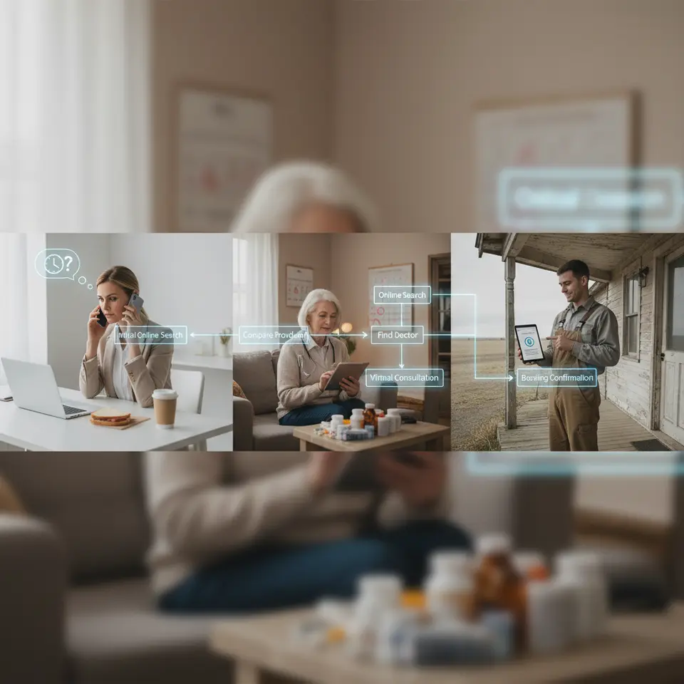 Illustration of diverse telehealth patient personas—busy professionals seeking after-hours care, rural residents with limited in-person options, and seniors managing chronic conditions—connected by a visual flowchart that maps the journey from initial online search to booking confirmation