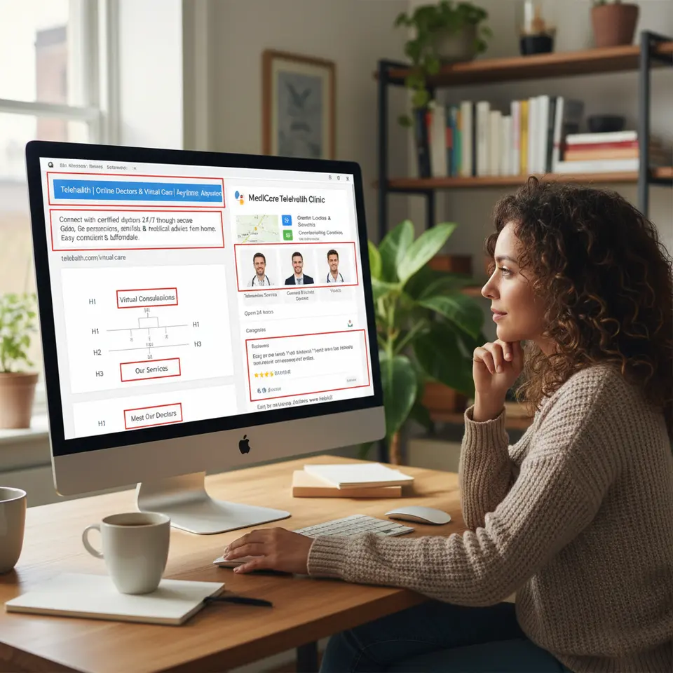 Split-screen graphic showing a telehealth website’s key on-page SEO elements (highlighted title tag, meta description, header structure, URL) on one side, and a Google Business Profile on the other with service areas, categories, operating hours, professional headshots, and patient reviews