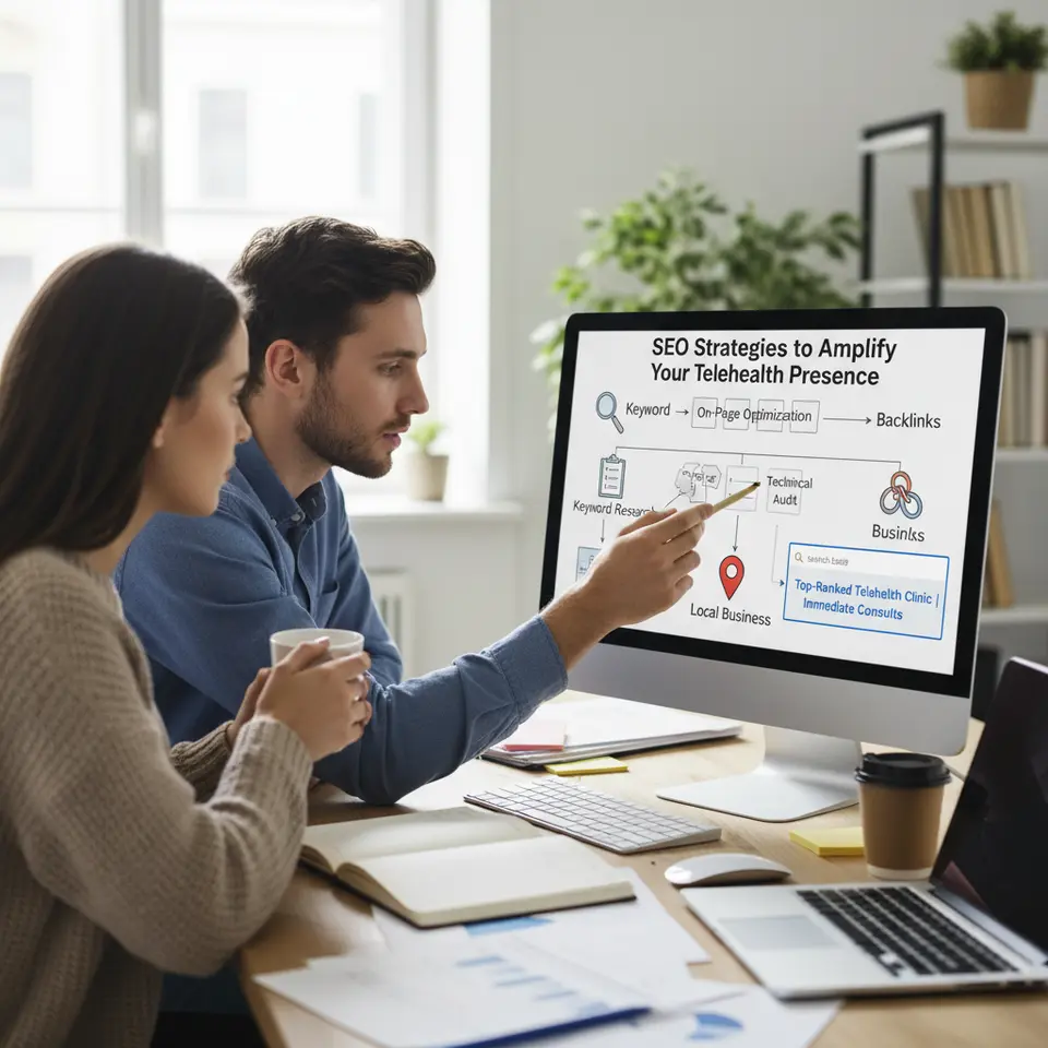 SEO Strategies to Amplify Your Telehealth Presence: a step-by-step flowchart depicting telehealth SEO tactics—keyword research magnifying glass, on-page optimization tags, technical audit checklist, local business pin, and backlink chain links—flowing into a highlighted search engine results page with a top-ranked telehealth listing.